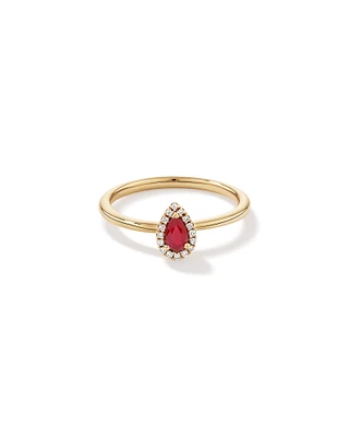 Pear Cut Red Ruby Gemstone and 0.08 Carat TW Diamond Halo Ring in 10kt Yellow Gold