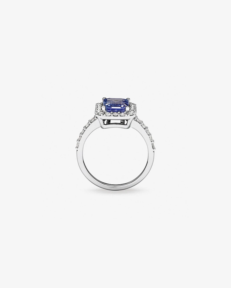 Emerald Cut Blue Tanzanite Gemstone and 0.75 Carat TW Diamond Halo Ring in 14kt White Gold