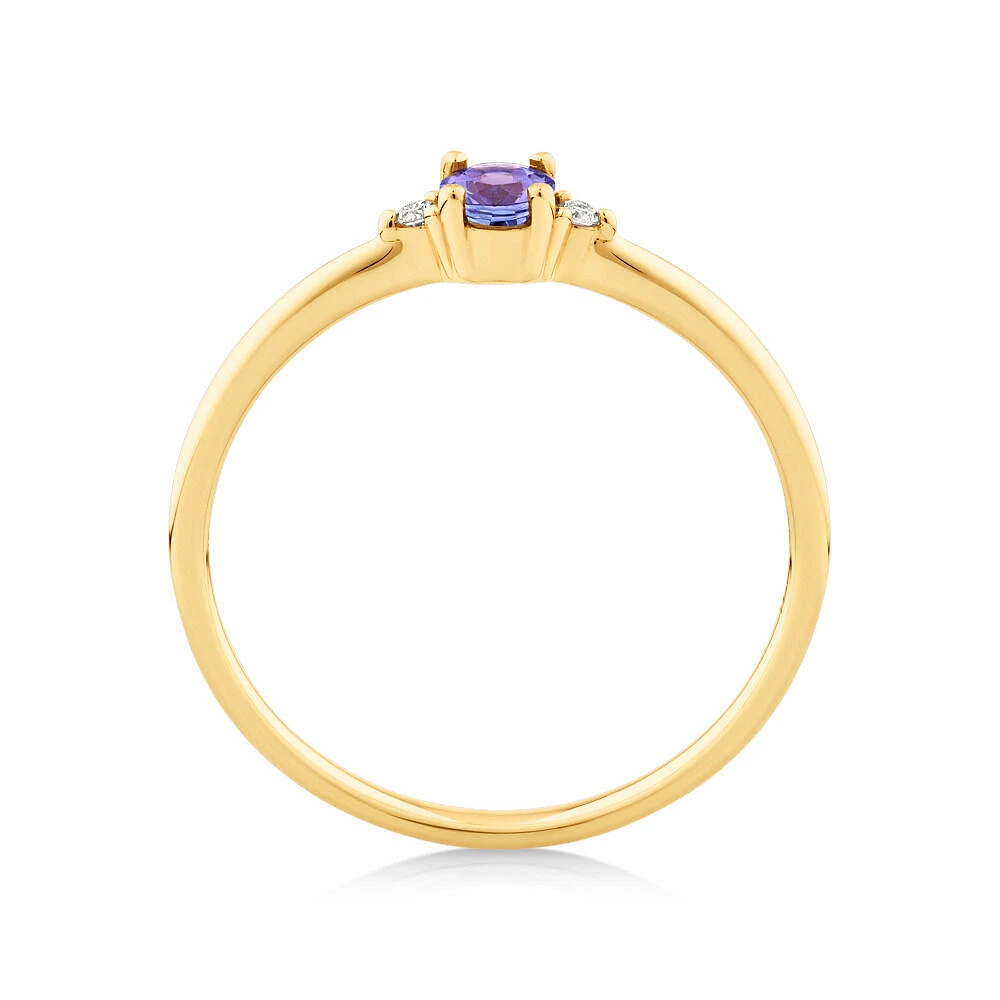 3 Stone Ring with Tanzanite & Diamonds in 10kt Yellow Gold