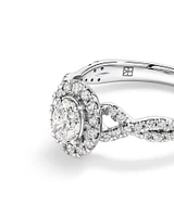 0,75 Carat Poids Total Bague De Fiançailles En Diamant Coupe Ovale Avec Halo Accent Torsadé, En Or Blanc 14 Ct