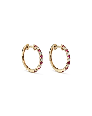 0.22 Carat TW Diamond and Created Ruby Huggie Hoop Earrings in 10kt Yellow Gold