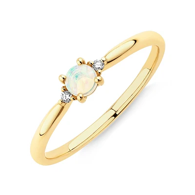 3 Stone Ring with Opal & Diamonds 10kt Yellow Gold