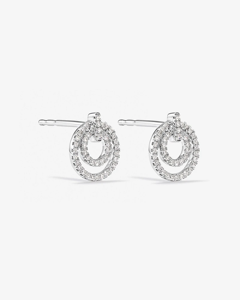 Fine Double Circle Diamond Stud Earrings in Sterling Silver