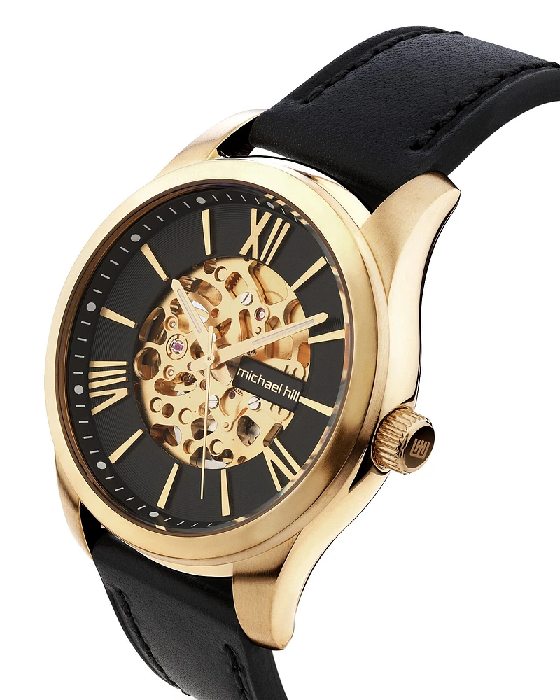 Michael Hill Automatic Skeleton Watch In Rose Tone Stainless Steel And Leather