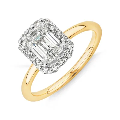1.46 Carat TW Emerald Cut Laboratory-Grown Diamond Halo Engagement Ring in 14kt Yellow and White Gold