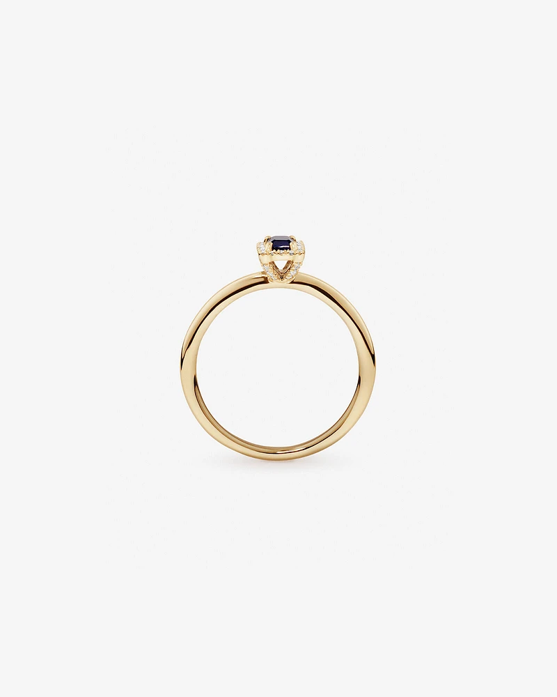 Bague Halo en Pierre Précieuse Saphir Bleu Taille Émeraude et 0,09 Carat TW Diamant en Or Jaune 10 kt