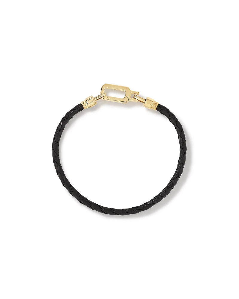 Men's Black Leather Braided Bracelet with 10kt Yellow Gold