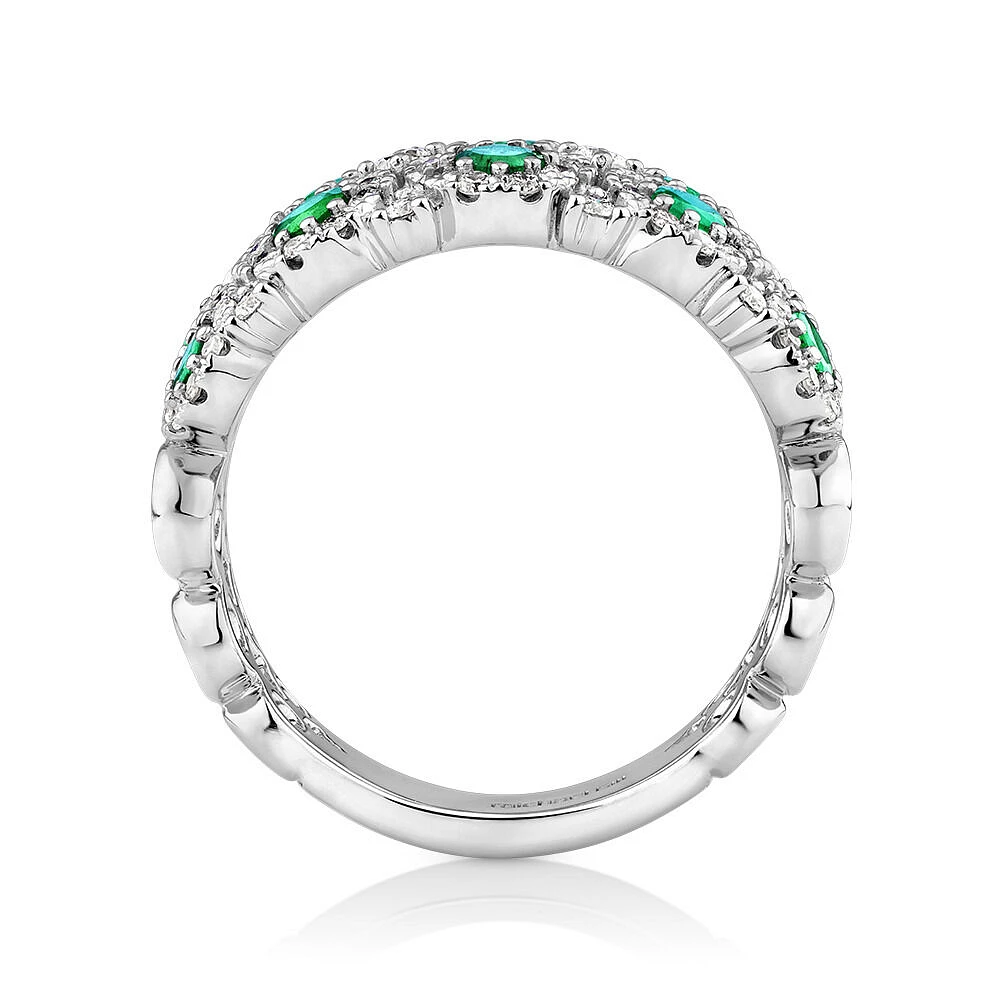 2 Row Bubble Ring with Emerald and .75 Carat TW Diamonds in 14kt White Gold