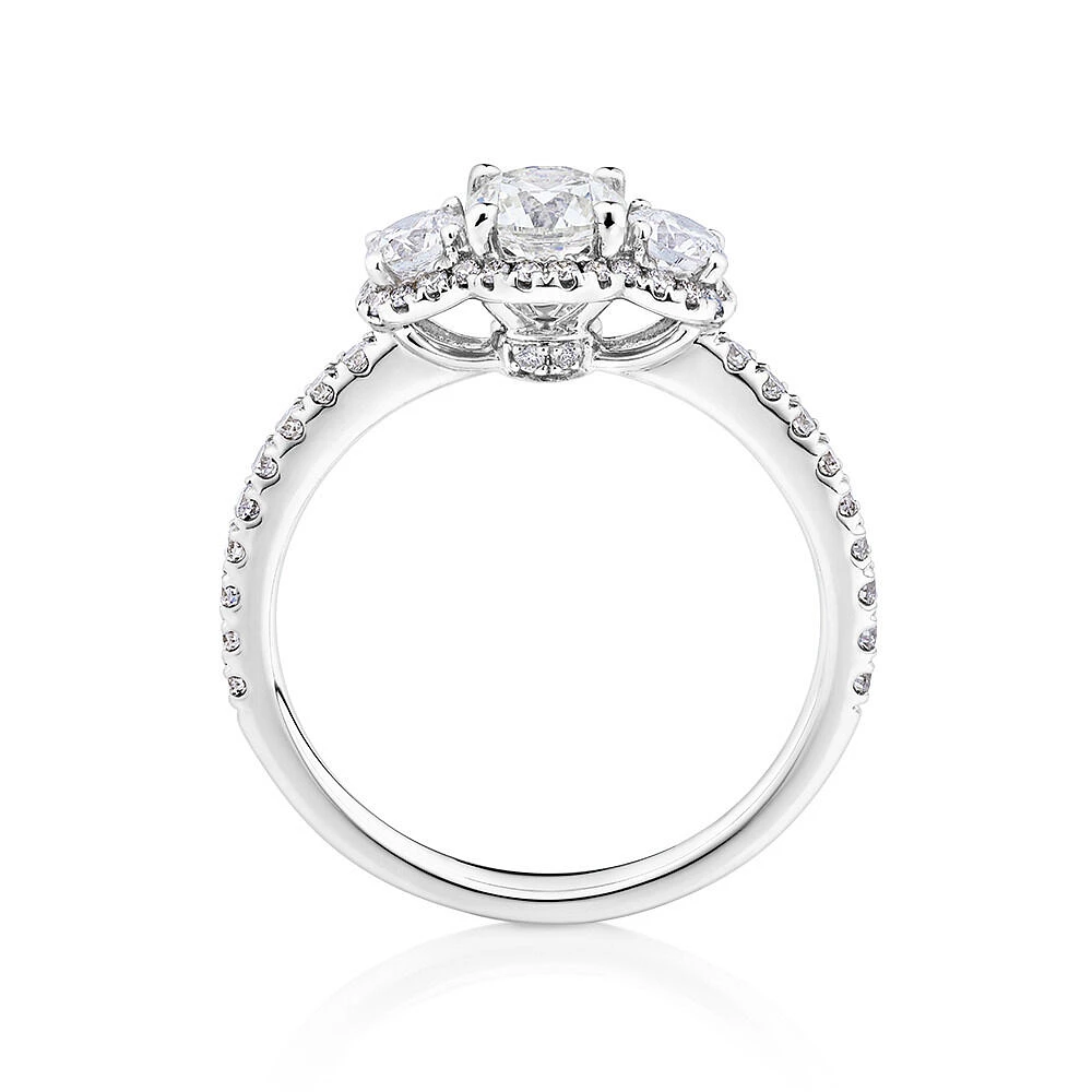 Sir Michael Hill Designer Three Stone Halo Engagement Ring with 1.07 Carat TW of Diamonds in 18kt White Gold