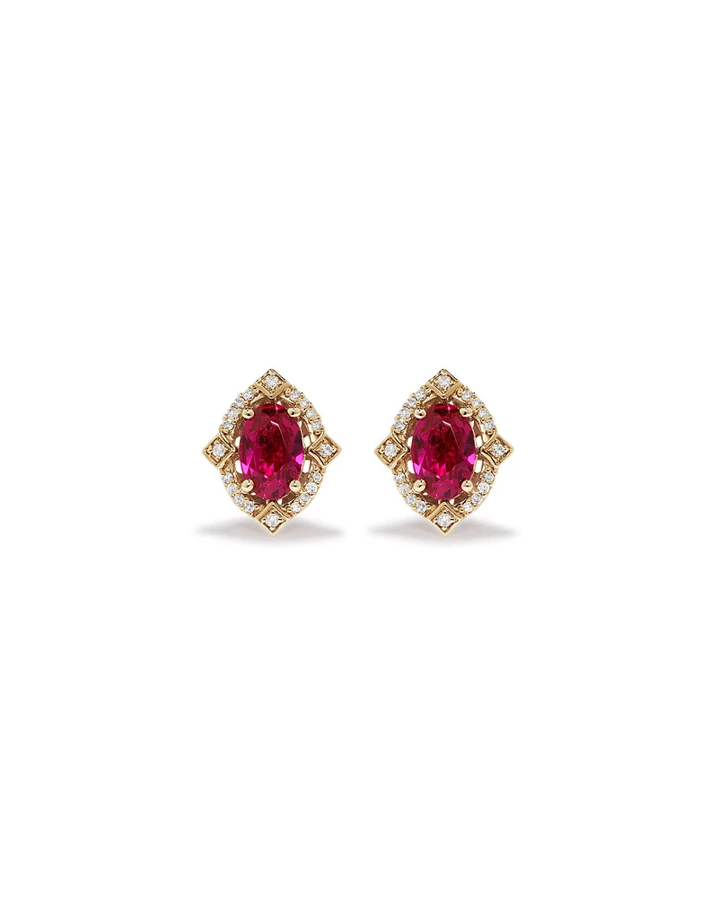 Oval Cut Created Ruby and Diamond Halo Stud Earrings in 10kt Yellow Gold