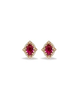 Oval Cut Created Ruby and Diamond Halo Stud Earrings in 10kt Yellow Gold