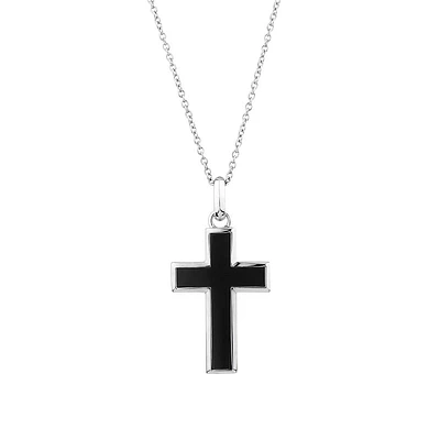 Onyx Cross Pendant in Silver with 65cm Cable Chain