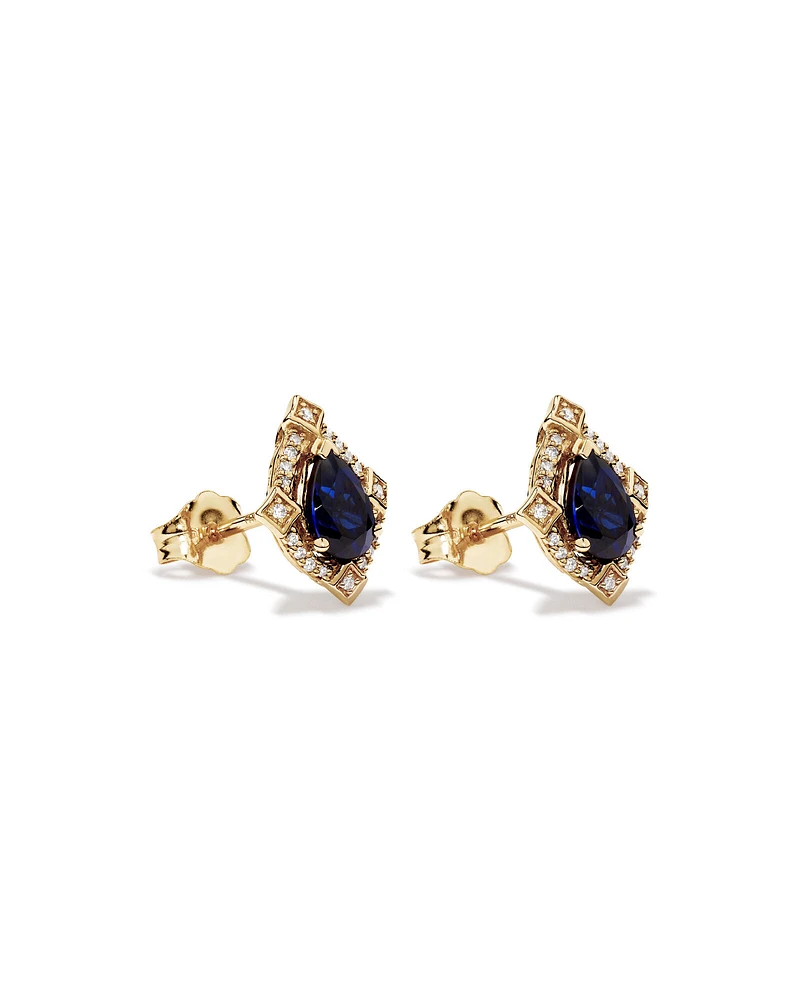 Pear Cut Created Sapphire and Diamond Halo Stud Earrings in 10kt Yellow Gold