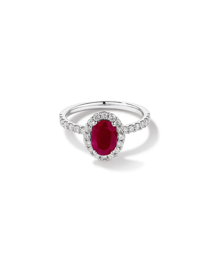 Oval Cut Red Ruby Gemstone and 0.60 Carat TW Diamond Halo Ring in 14kt White Gold