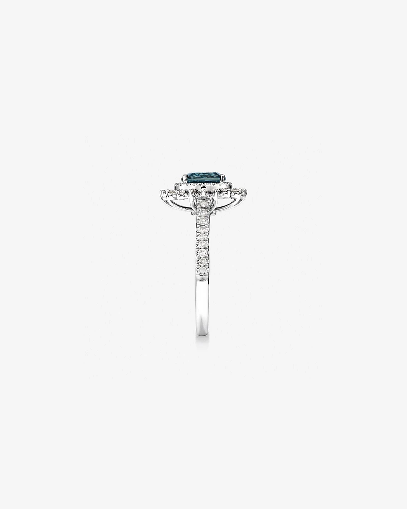 London Blue Topaz Lacy Halo Ring with .50TW of Diamonds in 10kt White Gold