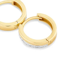 9.6mm Polished and Diamond Cut Huggie Hoop Earrings in 10kt Yellow and White Gold