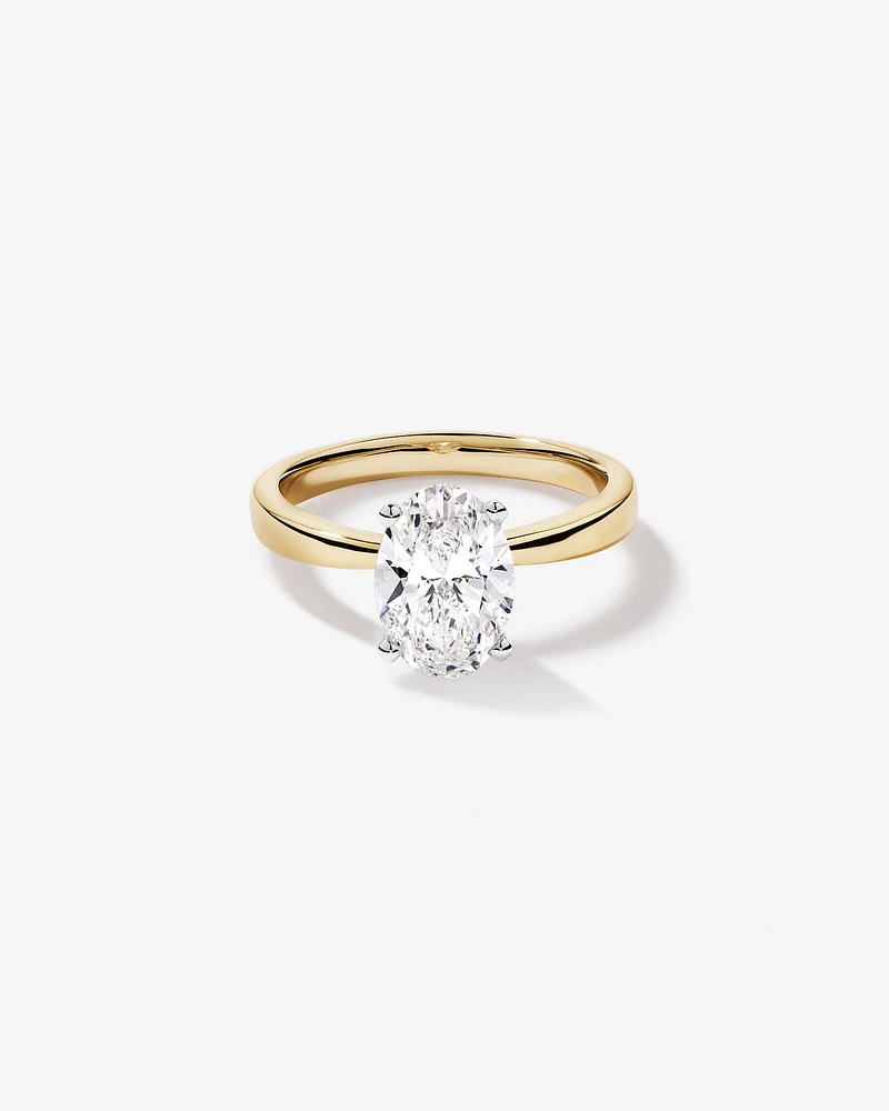 Bague de fiançailles solitaire en or jaune et blanc 14 carats, taille ovale, diamant de synthèse de 2,00 carats