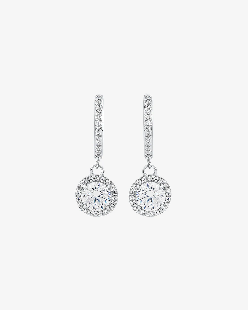 Round Brilliant Cubic Zirconia Halo Drop Hoop Earrings in Sterling Silver