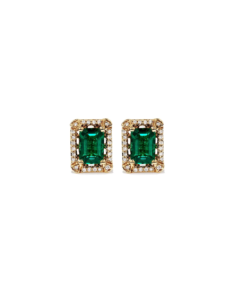 Emerald Cut Created Emerald and Diamond Halo Stud Earrings in 10kt Yellow Gold