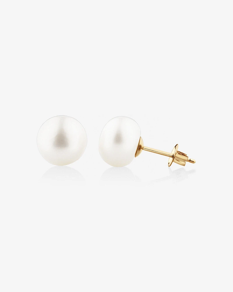 Stud Earrings with 9mm Button Cultured Freshwater Pearl in 10kt Yellow Gold