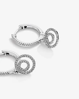 Fine Double Circle Diamond Drop Huggie Earrings in Sterling Silver