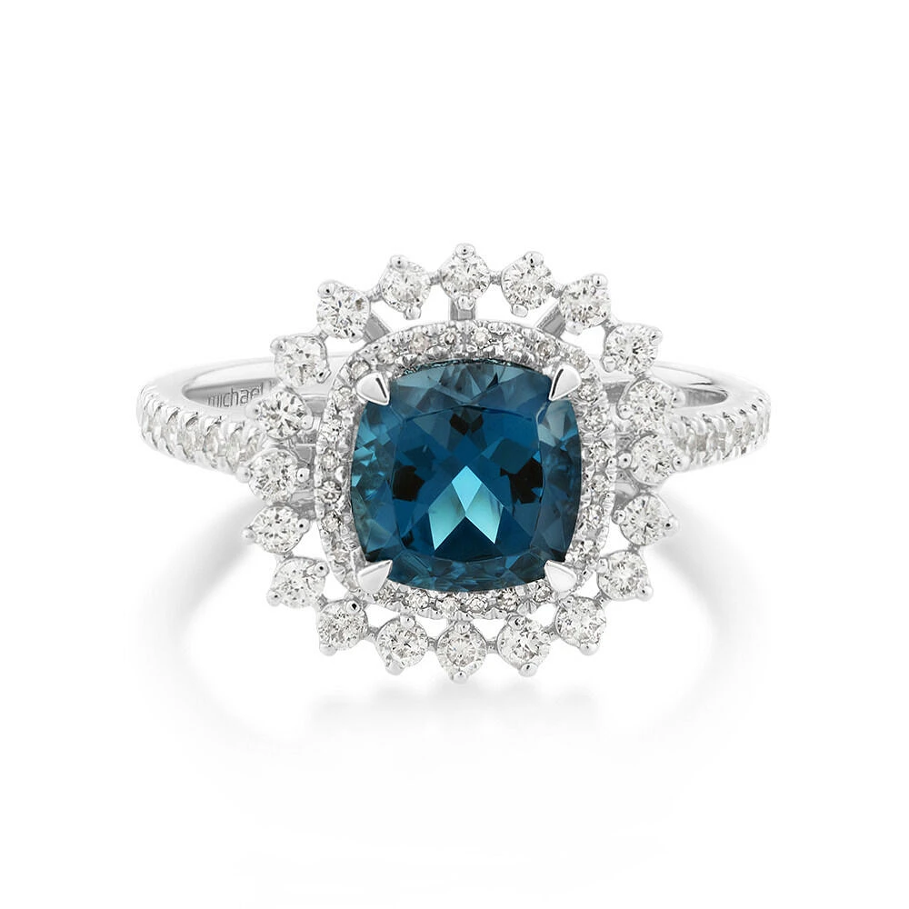 London Blue Topaz Lacy Halo Ring with .50TW of Diamonds in 10kt White Gold