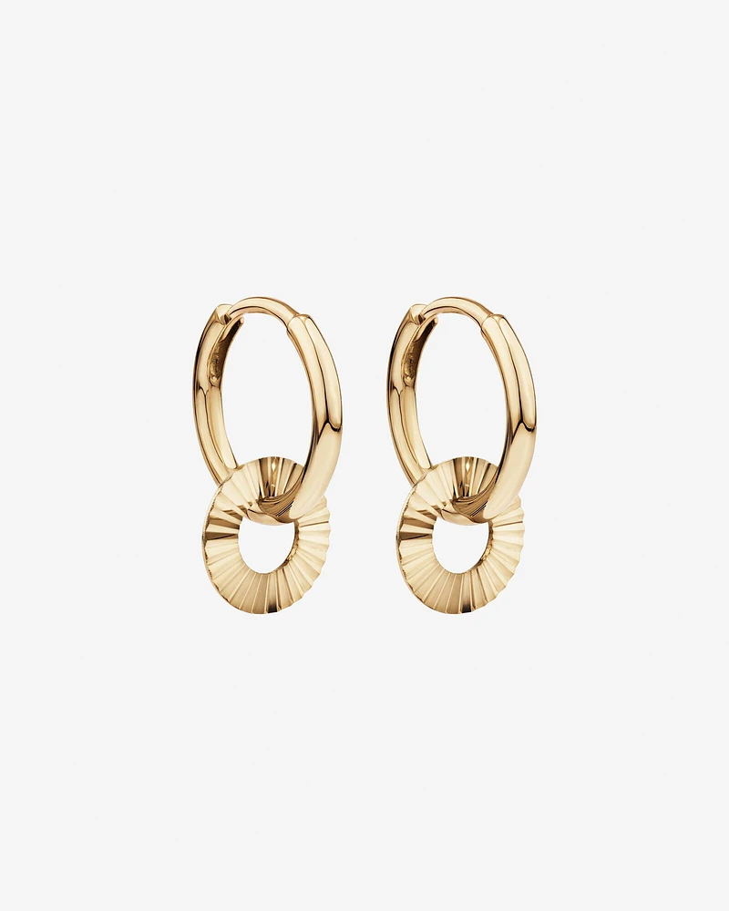 Sunray Circle Charm Huggie Hoop Earrings in 10kt Yellow Gold