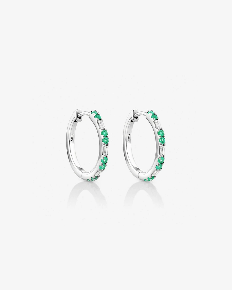 Emerald & Diamond Dot Dash Hoop Earrings with 0.14 Carat TW in 10kt White Gold