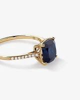 Cushion Cut Blue Created Sapphire Gemstone and Diamond Ring in 10kt Yellow Gold