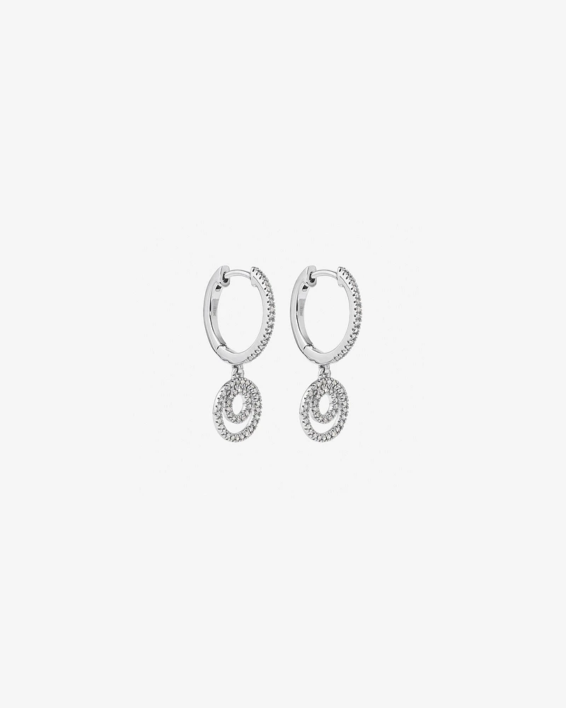 Fine Double Circle Diamond Drop Huggie Earrings in Sterling Silver