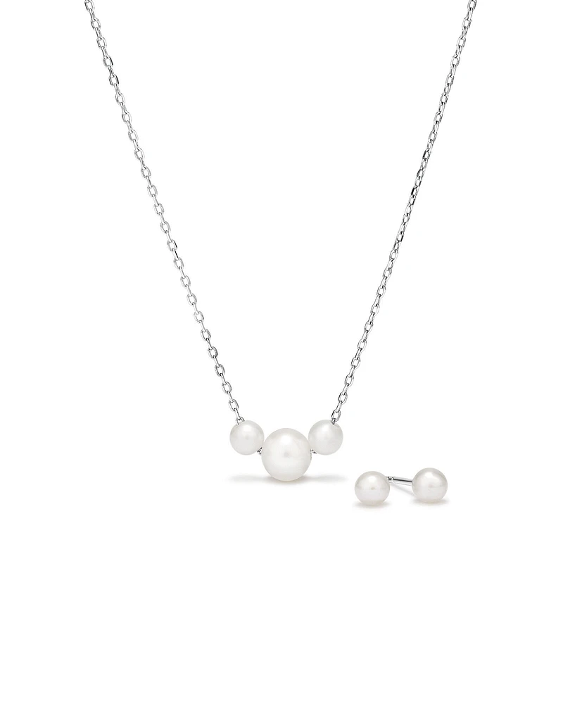 Cultured Freshwater Pearl Stud Earring and Necklace Set in Sterling Silver