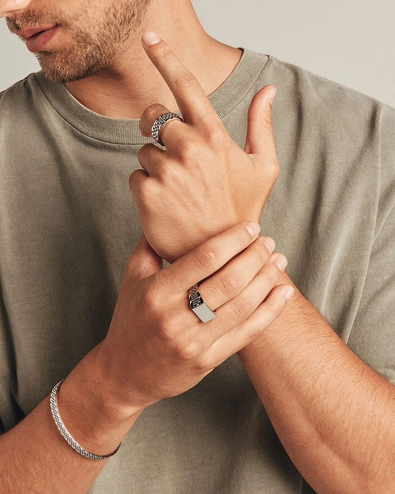 Men's Link Pattern Textured Signet Ring Sterling Silver