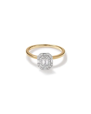 Bague de fiançailles diamant baguette taille émeraude 0,51 carat total et halo rond brillant en or jaune et blanc 14 carats