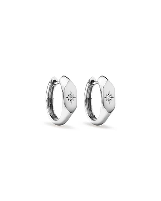 Diamond Star Accent Signet Huggie Hoop Earrings in Sterling Silver