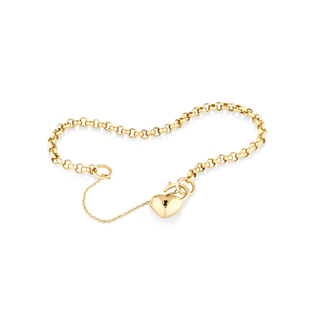 19cm (7.5") 4mm-4.5mm Width Heart Padlock Belcher Bracelet in 10kt Yellow Gold