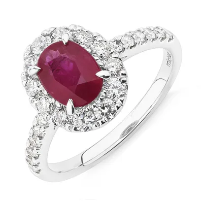 Halo Ring with Ruby & Carat TW of Diamonds 14kt White Gold