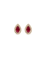 Pear Cut Red Ruby Gemstone and 0.09 Carat TW Diamond Halo Stud Earrings in 10kt Yellow Gold