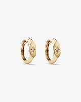 Diamond Star Accent Signet Huggie Hoop Earrings in 10kt Yellow Gold