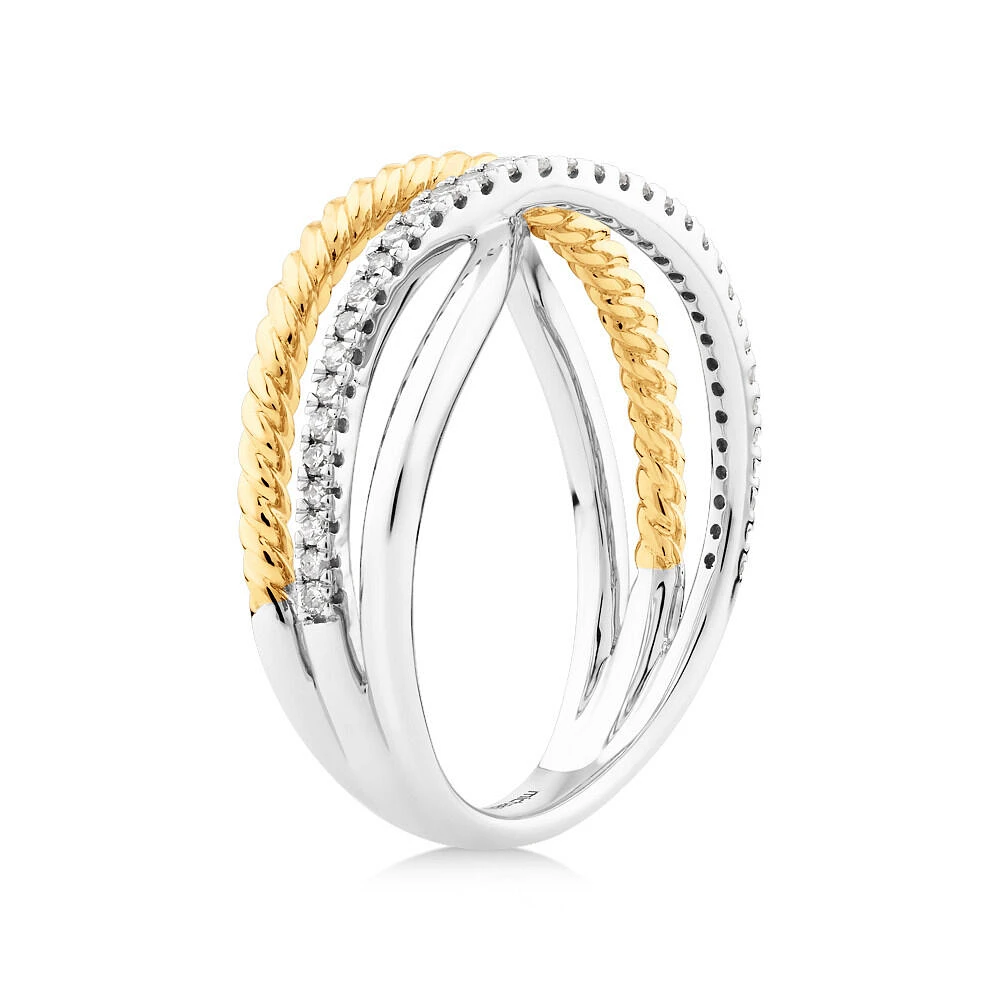 Crossover Wrap Ring with .15 Carat TW Diamonds in Sterling Silver and 10kt Yellow Gold