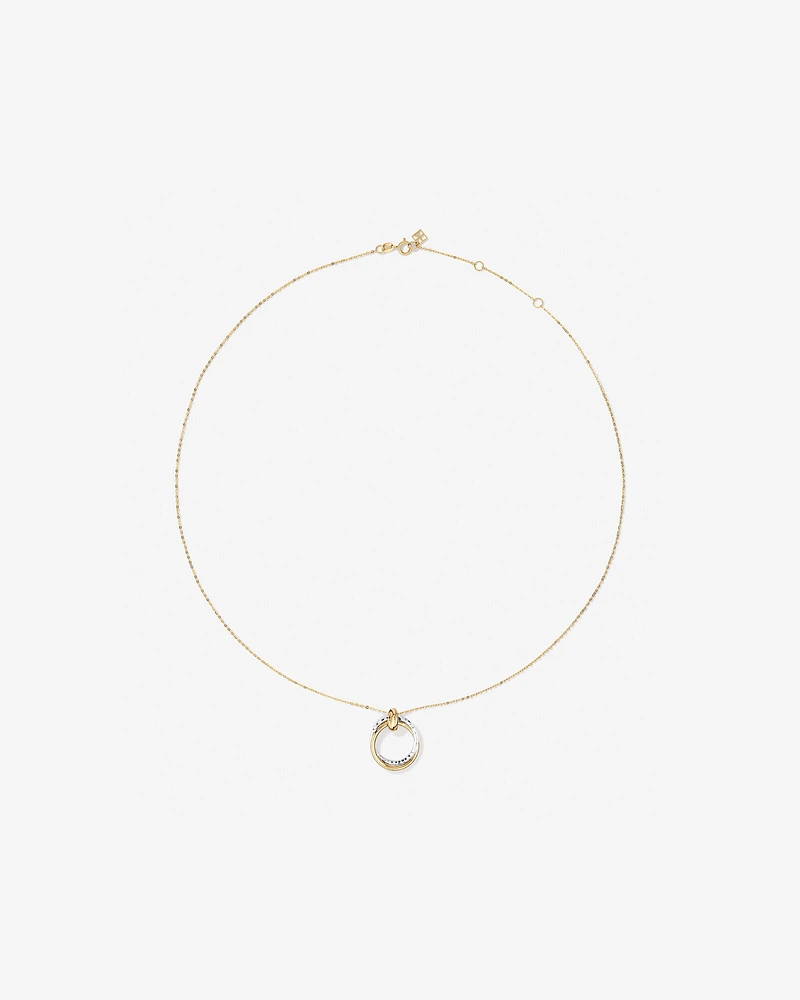 Two-Tone Double Circle Pendant Hammered Finish Necklace in 10kt White and Yellow Gold