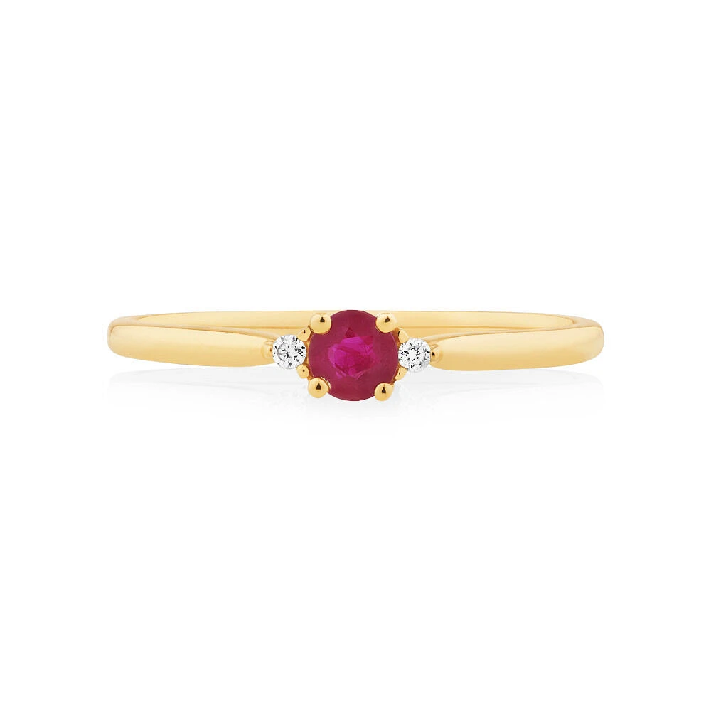 3 Stone Ring with Ruby & Diamonds in 10kt Yellow Gold