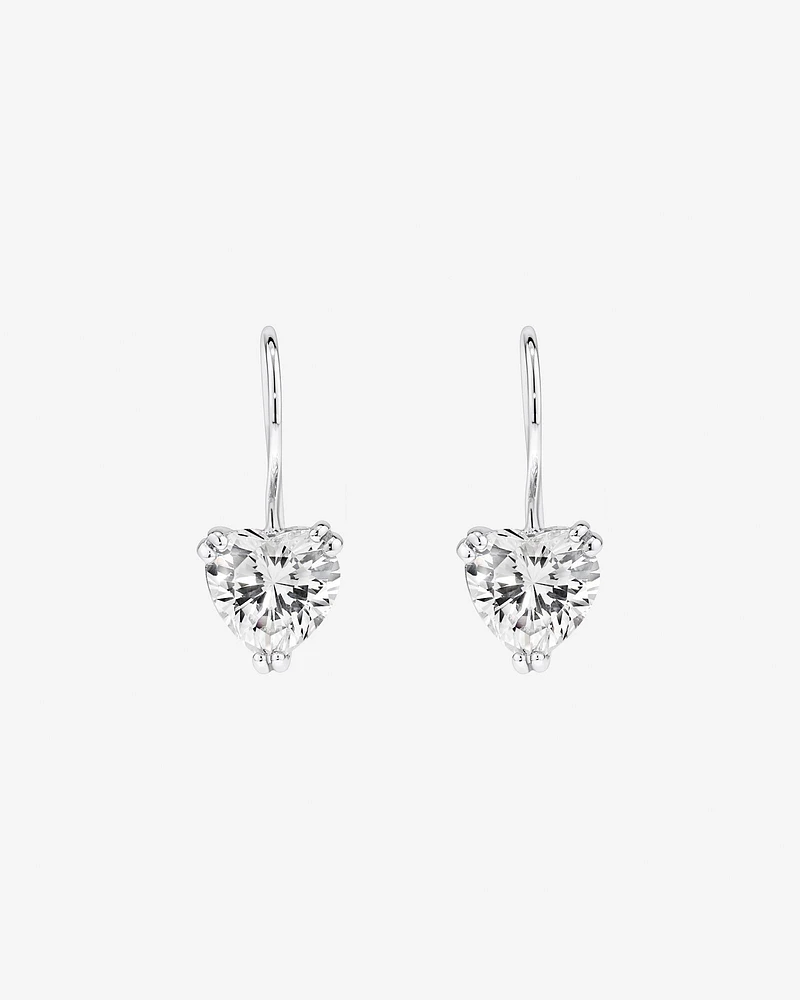 Love Heart Shaped Cubic Zirconia Drop Shepherds Hook Earrings in Sterling Silver