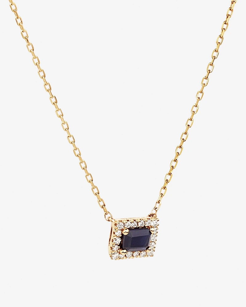 Emerald Cut Blue Sapphire Gemstone and 0.05 Carat TW Diamond Halo Necklace in 10kt Yellow Gold