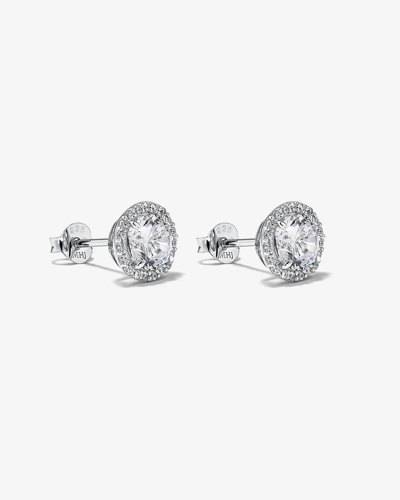 Round Brilliant Cubic Zirconia Halo Stud Earrings in Sterling Silver