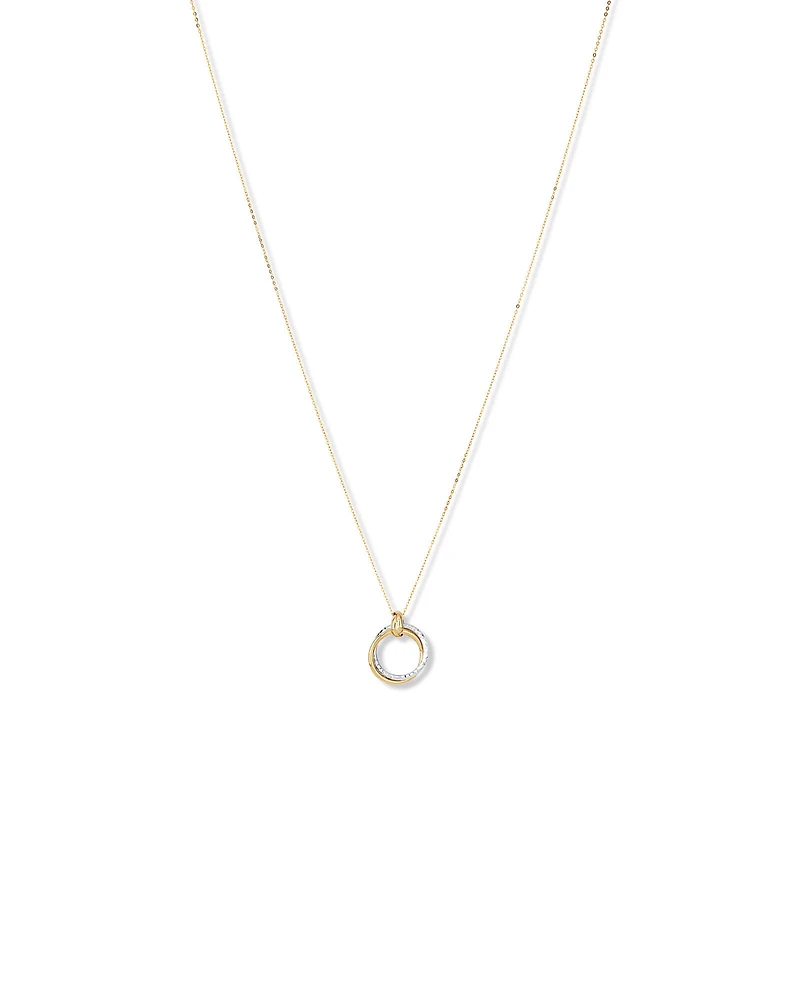 Collier pendentif à double cercle deux tons avec finition martelée en or blanc et jaune 10 kt