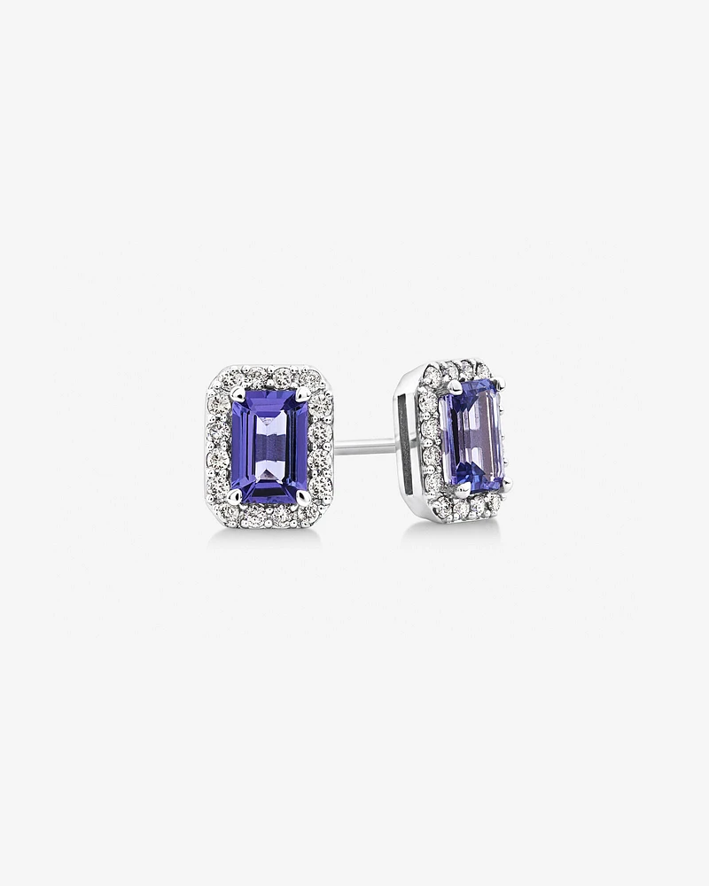 Halo Stud Earrings with Tanzanite & 0.25 Carat TW of Diamonds in 14kt White Gold