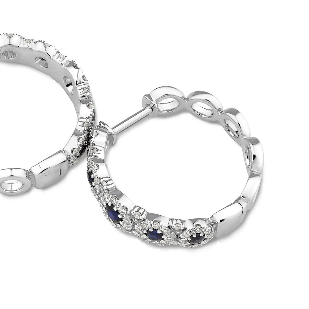 Bubble Huggie Earrings with Sapphire and .52 Carat TW Diamonds in 14kt White Gold