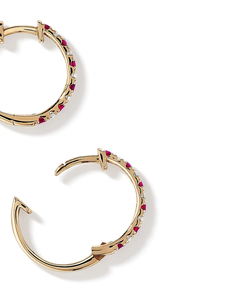 0.22 Carat TW Diamond and Created Ruby Huggie Hoop Earrings in 10kt Yellow Gold