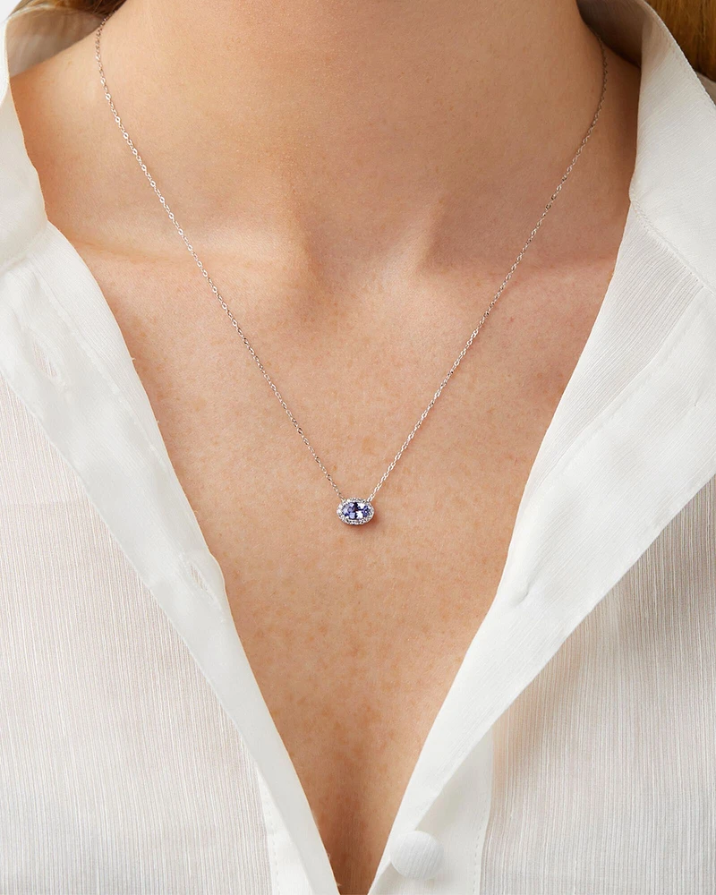 Halo Necklace with Tanzanite & Diamond in 10kt White Gold