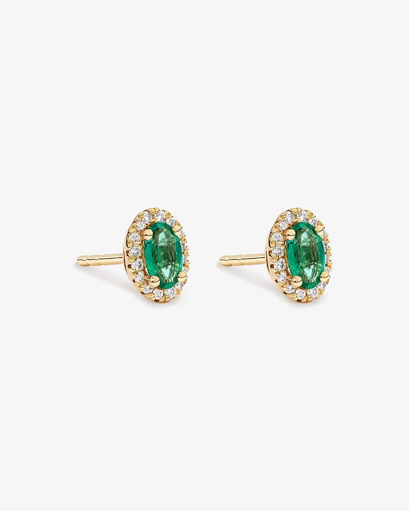 Oval Cut Green Emerald Gemstone and 0.09 Carat TW Diamond Halo Stud Earrings in 10kt Yellow Gold